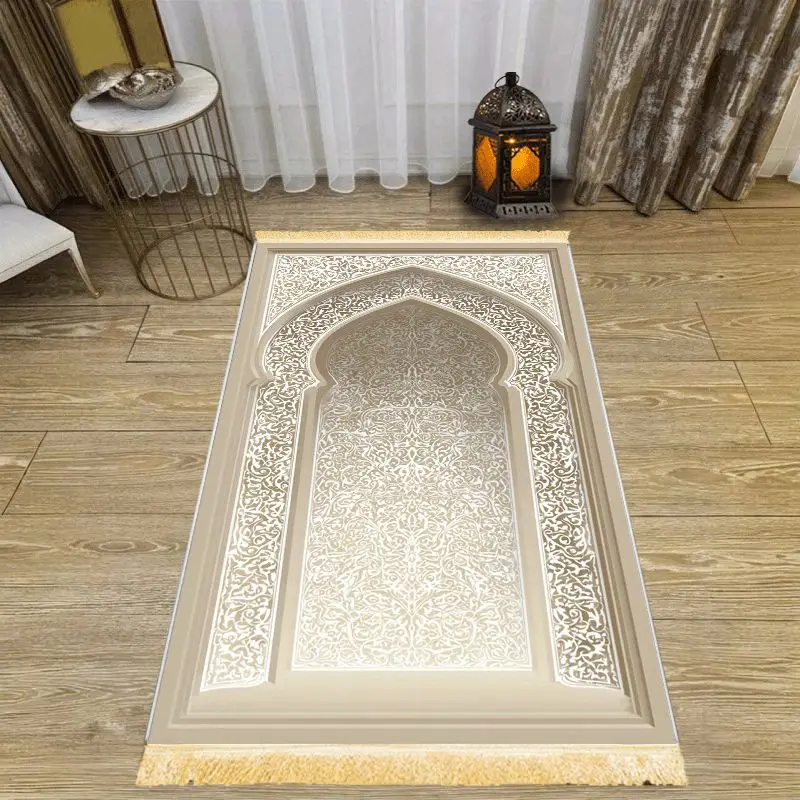VIKAMA White Relief Scroll Grass Mosque Arch Prayer Mat, Wear-Resistant & Washable, Non-Slip Kneeling Carpet for Salah