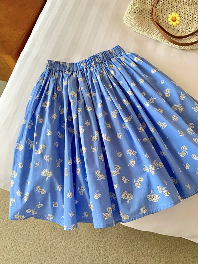 

Юбка Fufufun с синим цветочным принтом для девочек, с завышенной талией, из хлопка, весна-лето, винтажный стиль, с карманами