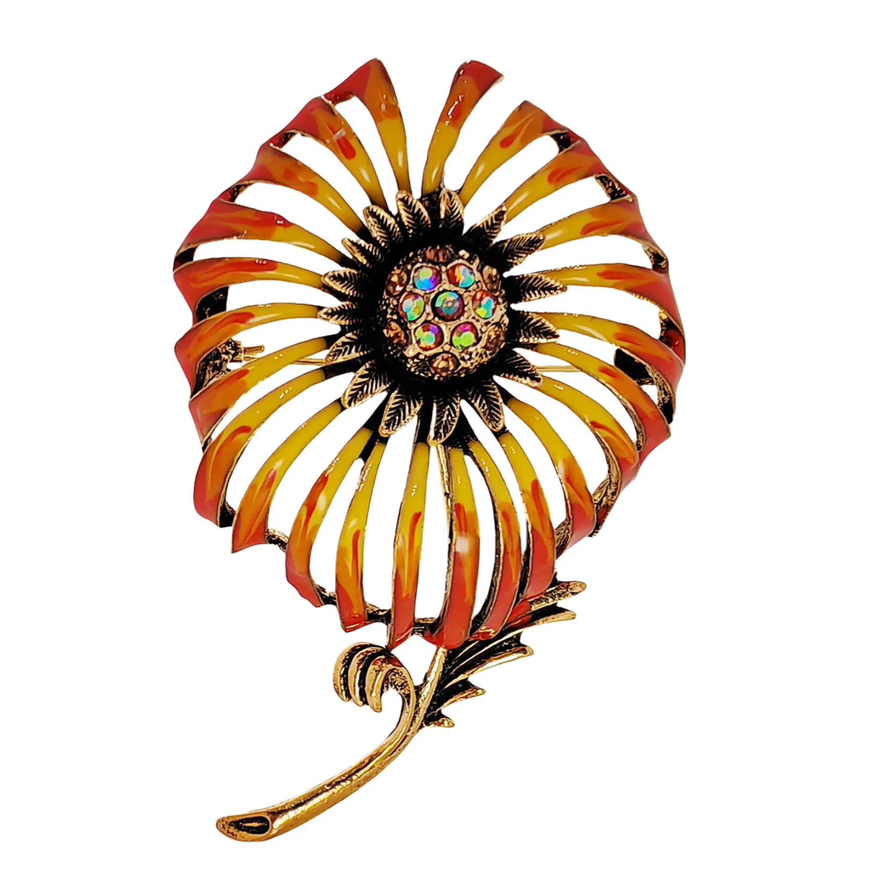 

Luxurious Vintage AB Pistil Orange Enamel Sunflower Brooch Statement Floral Jewelry