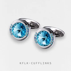 KFLK Jewelry shirt small cufflink for Unisex Brand Blue Crystal Cuff link Button High Quality Luxury Wedding Groom guests