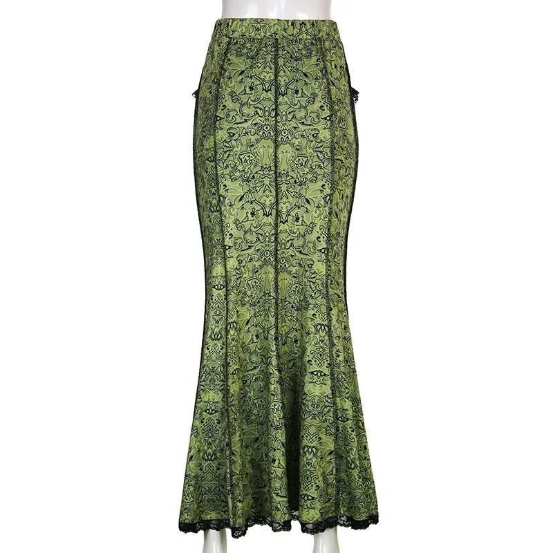 Vintage Fashion Elegant Green Trumpet Long Skirt Graphic Printed Lace Trim  High Waist Skirt Women  Aesthetic