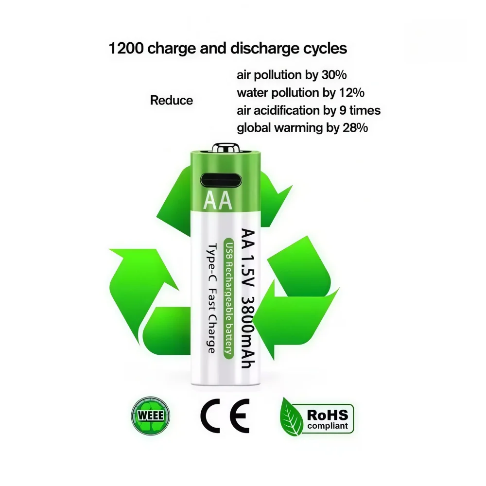 Nowa bateria AA 1.5V z możliwością ładowania przez USB, 3800 mAh, akumulator litowo-jonowy do pilota, myszy, zabawek elektrycznych + kabel Type-C — zdjęcie produktu 4