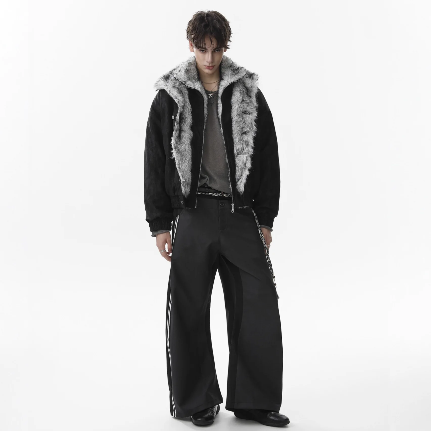 MWJLPWQ سترة رجالية من الصوف بياقة من الفرو سترة أمريكية عالية الشارع معطف قطني دافئ غير رسمي عصري 2025 شتاء جديد 21745 #5