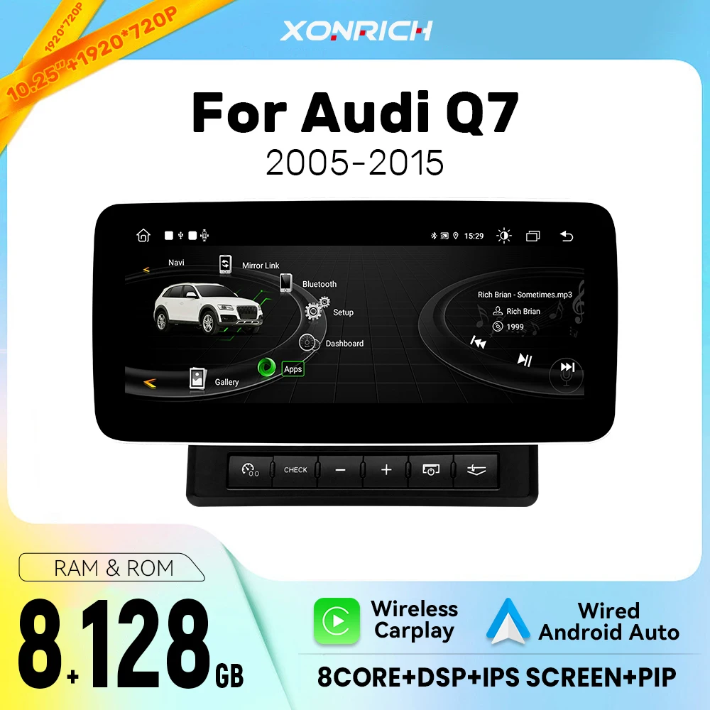Autoradio Multimediale Android 14 IPS 1920*720 per Audi Q7 2005-2015 con CarPlay Wireless, Android Auto, 8 Core, 4G, WiFi e DSP