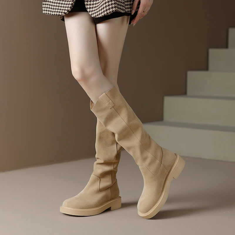 MORAZORA 2024 New Arrive Cow Suede Women Boots Winter Knee High Boots Ladies Thick Med Heels Slip On Platform Shoes