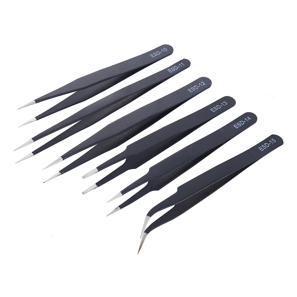 

6 Pcs Precision Antistatic ESD Stainless Steel Tweezer Tools Industrial Precision Curved Straight Tweezers Repair Tools for Labs