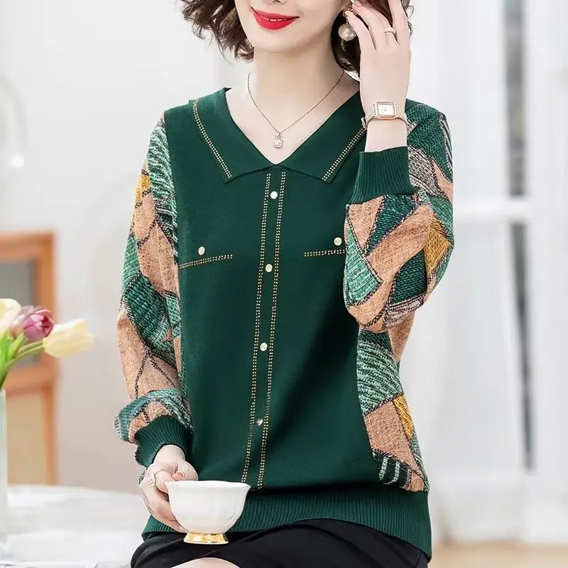 Casual Printed Spliced Knitted Shirt Women's Clothing Turn-down Collar Stylish Diamonds Spring Autumn Button Long Sleeve Blouse