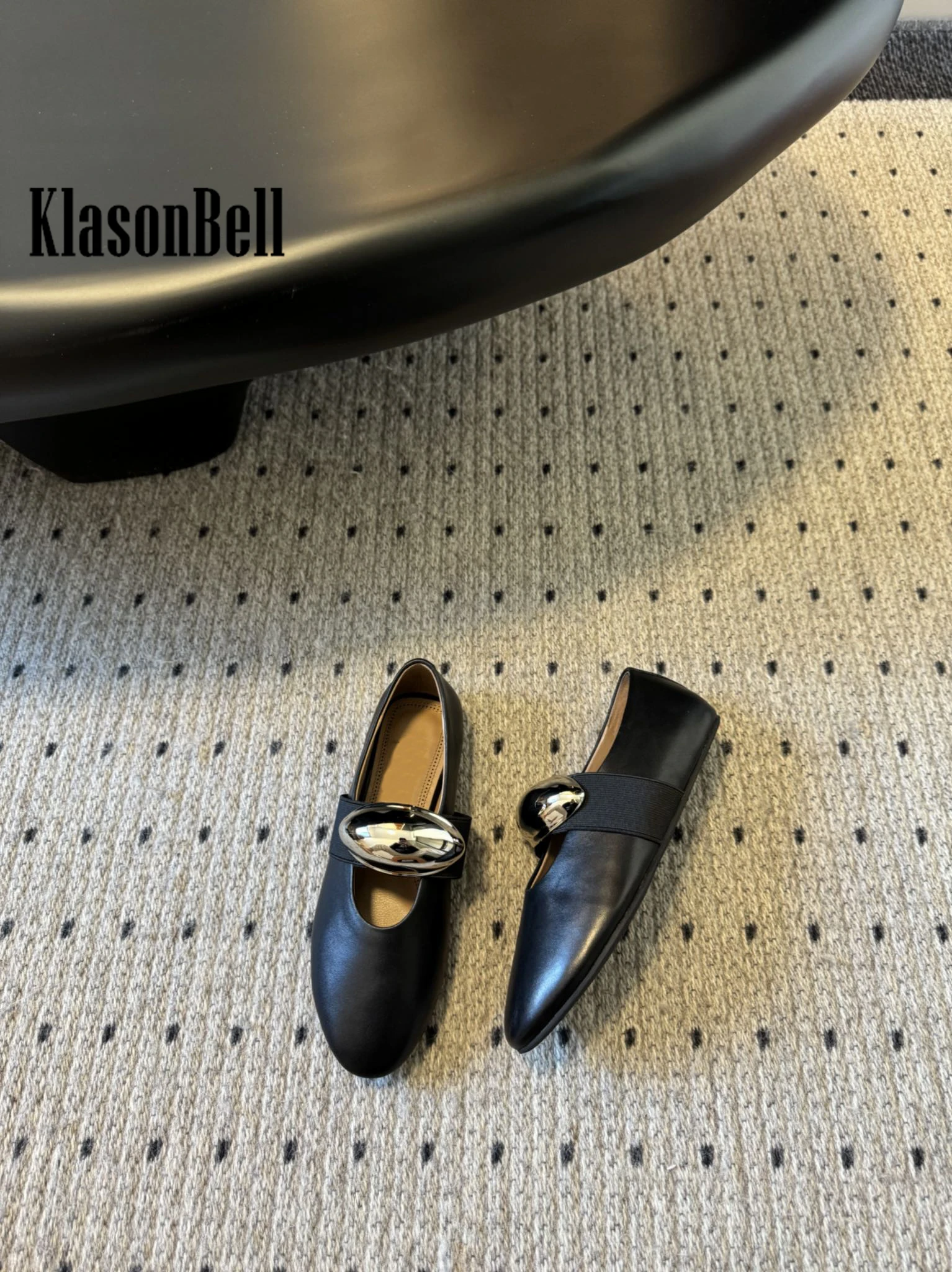 3.27 KlasonBell 2024 New Ballet Flats Shoes Women Fashion Metal Stretch Strap Decoration Genuine Leather Mary Janes Pumps