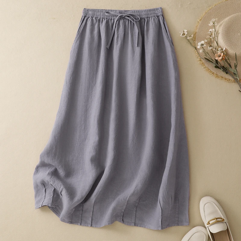 Loose Casual Summer Women's Purple Linen A-Line Midi Skirt Draping Lazy Style Half-length Umbrella Skirt Comfortable Breathable