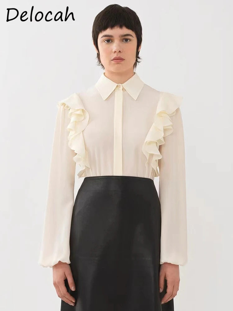 Delocah High Quality Spring Women Fashion Runway Straight Blouses Lantern Sleeve Ruffles Trim Solid Color Shirts Real Silk Tops