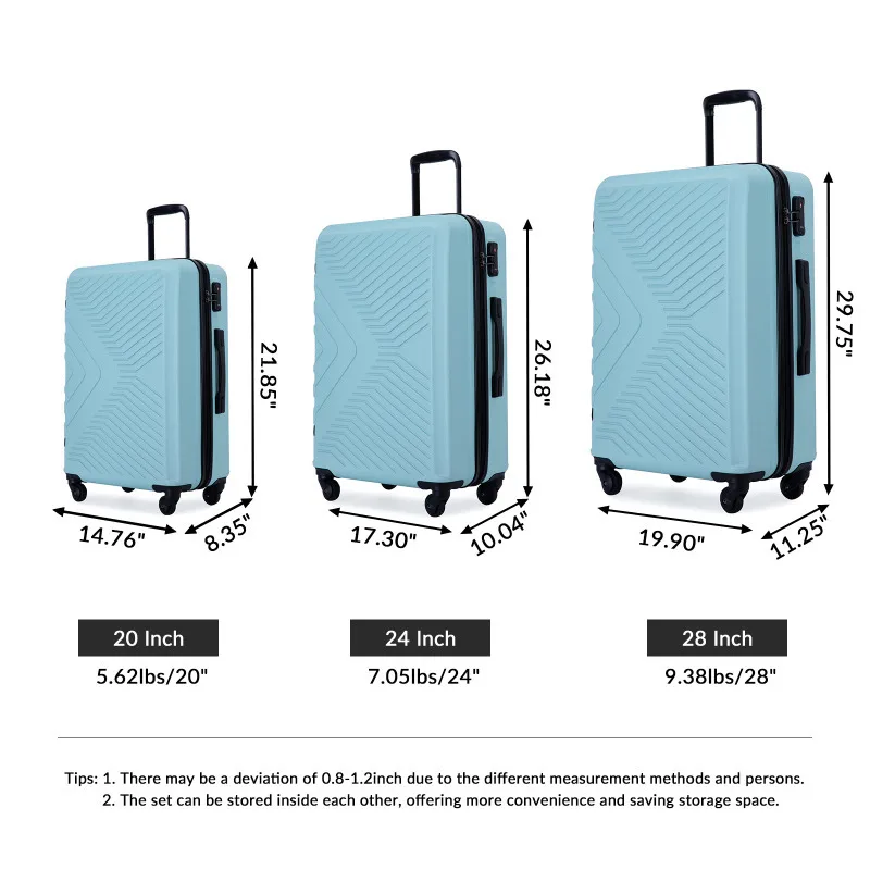 

3 Piece Lage Sets ABS Lightweight Suitcase With Two Hooks Spinner Wheels TSA Lock Telescoping Handle Effortless maneuverability