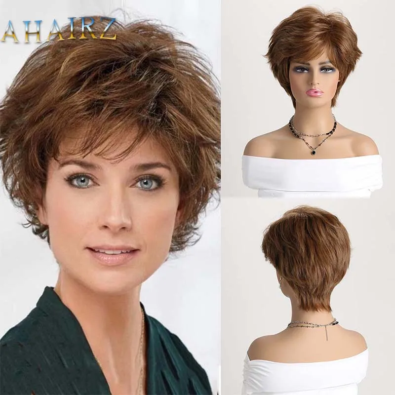 

Women's Fashion Pixie Cut Short Wigs Ombre Brown Hair Short Straight Hair Wig with Bangs Synthetic Full Wig Daily Wear