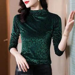 Autumn Women's Solid Color Half High Collar Flocking Bottom Winter Fashion Lace Printing Long Sleeved Pullover Slim T-shirt Tops