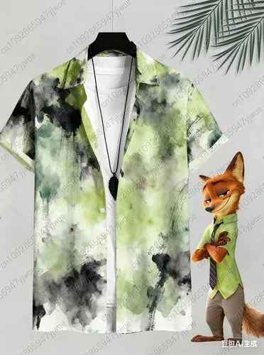 Imagen 2 del producto Zootop para hombre, misma camisa con estampado verde, camisa de manga corta con solapa, Tops, camisas informales con botones para uso diario en verano