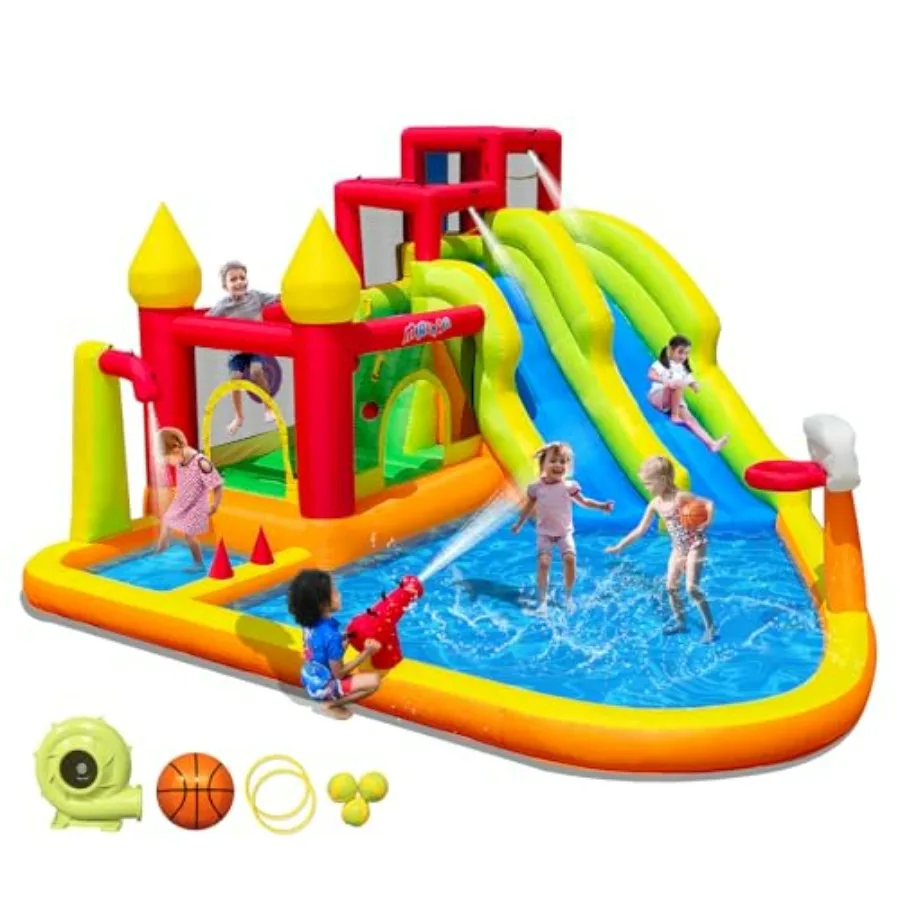 Backyard inflatable bounce house with slide, PVC material, blue and yellow, includes blower, splash pool, water cannon, and cli