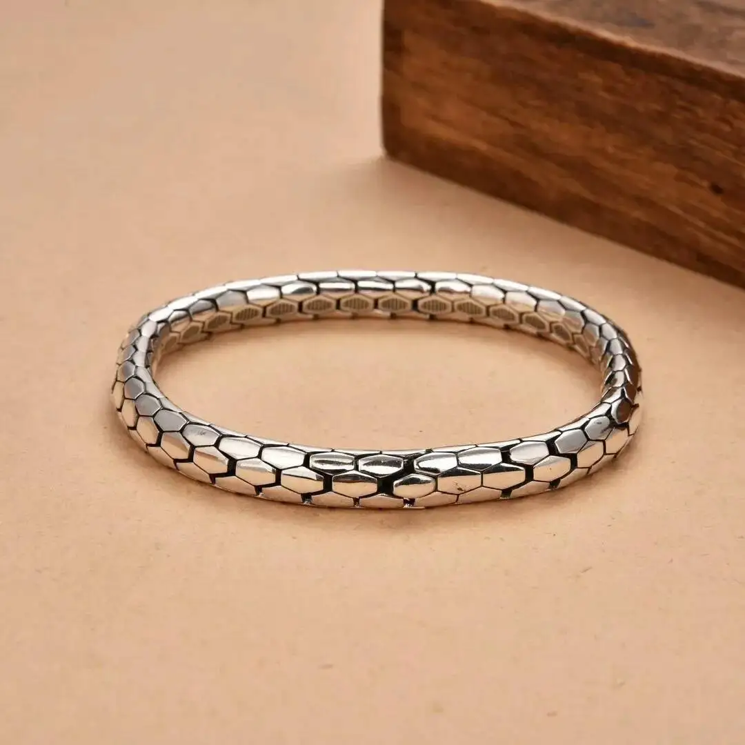 

Real S925 Silver Snake Bone Men's Cuff Bracelet Personalized Punk Link Chain Chunky Bangle Love Gift For Him 17/18/19/20/21/22CM