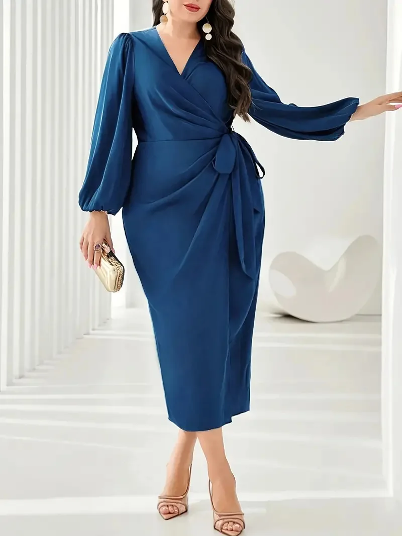 GIBSIE Plus Size Surplice Neck Wrap Tie Side Solid Dress Women Spring Fall Lantern Sleeve Elegant Office Lady Bodycon Long Dress