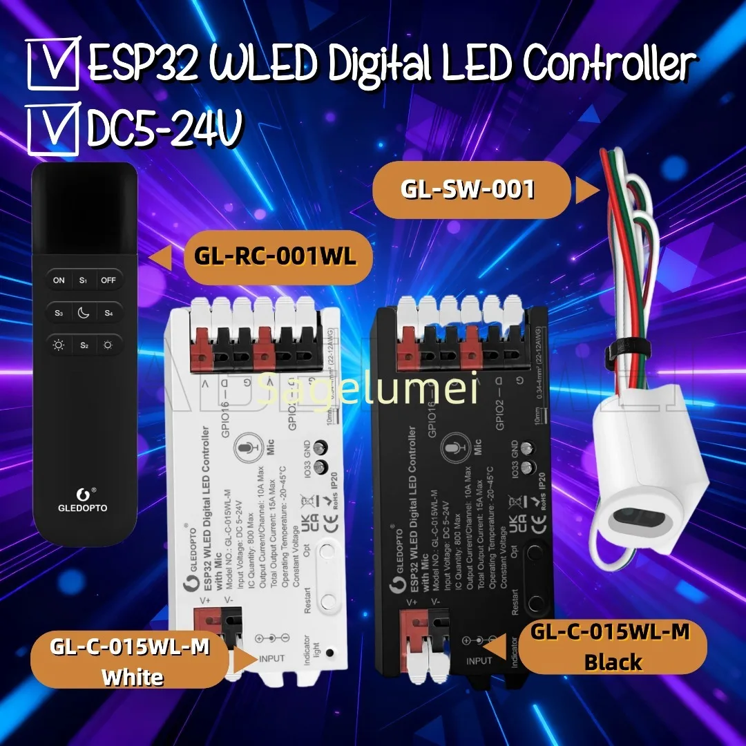 

GLEDOPTO DC5-24V WLED цифровой светодиодный контроллер SPI RGB IC цифровой микрофон микрофон освещения WS2811/2812b звук реактивная музыка ESP32