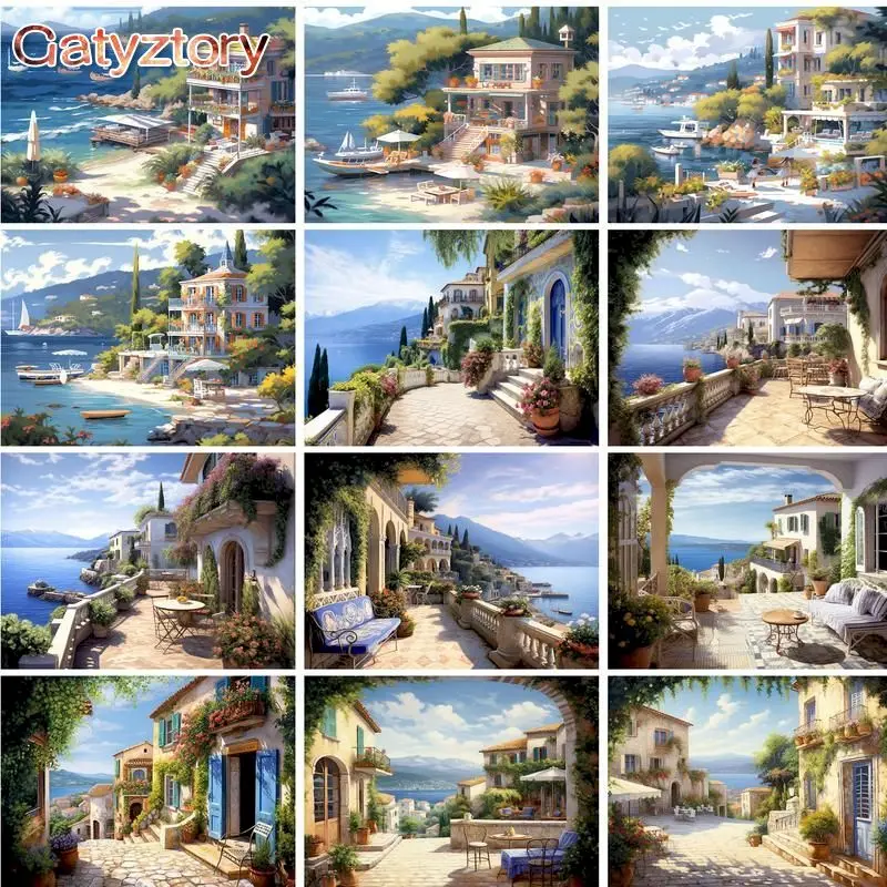 GATYZTORY Framed Paints By Numbers For Adults Kids Diy Gift Seaside House Scenery Painting Kits For Home Living Room Art Picture