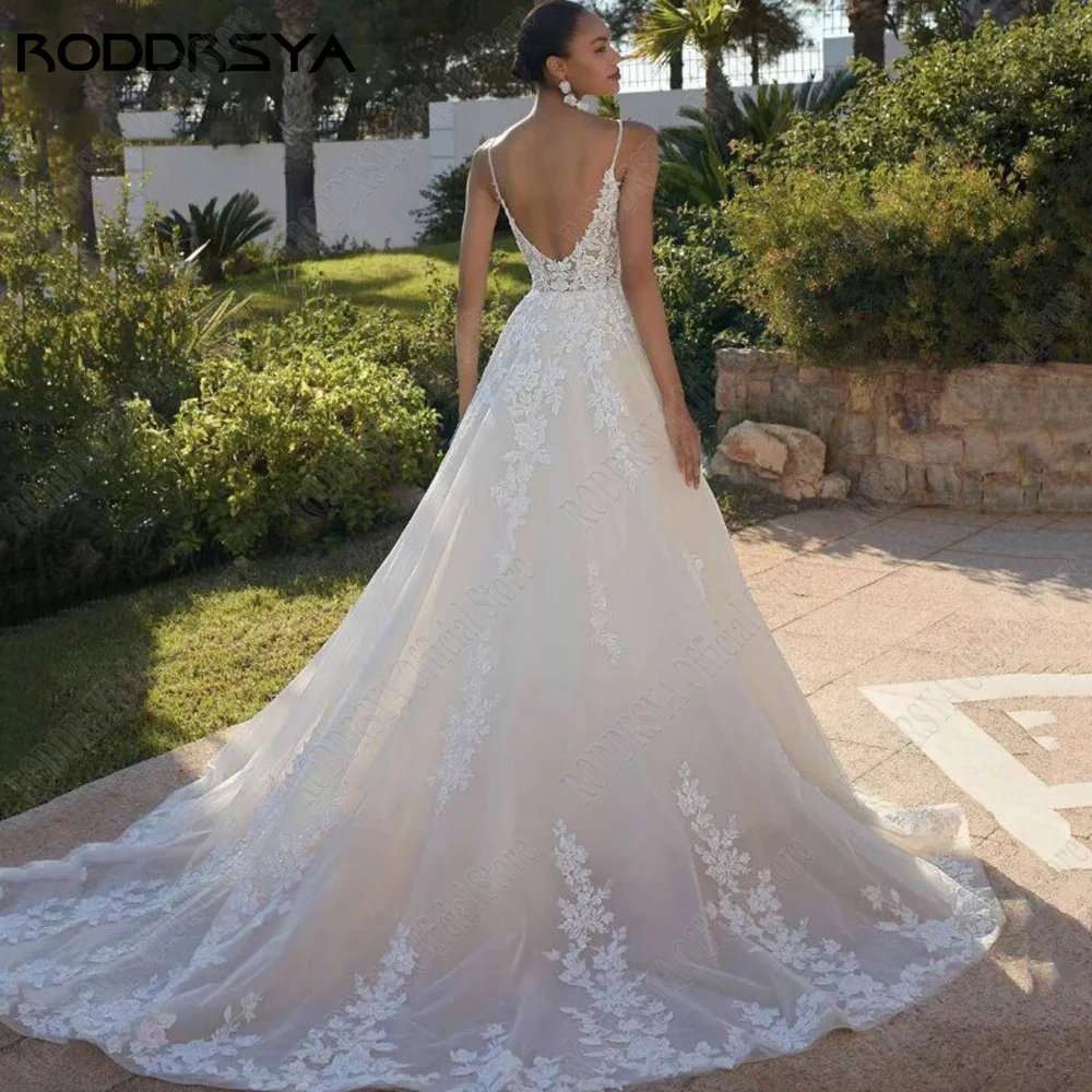 RODDRSYA Civil Wedding Dress Spaghetti Straps Backless V-Neck Bride Gowns Lace Applique A-Line  Tulle Boho vestidos de novia