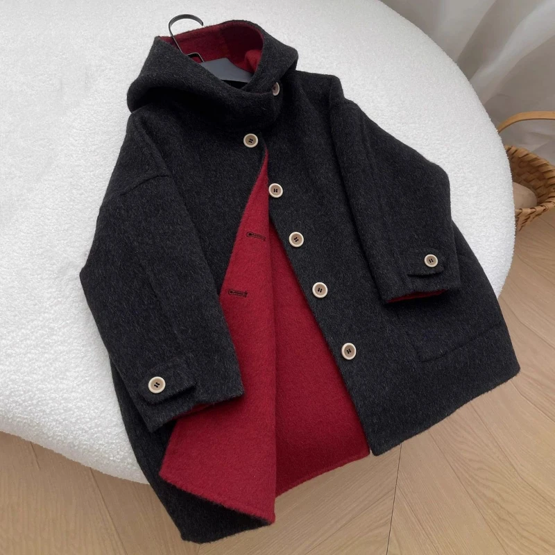 

New Girls' Fall-winter Wool Hooded Coat in Retro Black Thick Wool Double-sided Outerwear