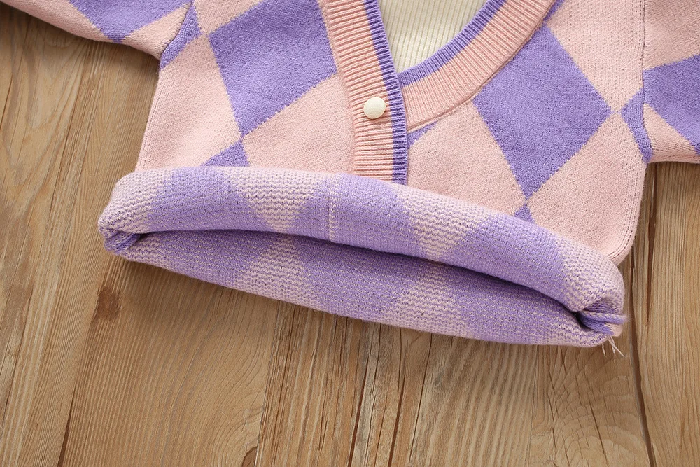 Herbst und Winter neue Mädchen Pullover Set koreanische kurze gestrickte kleine Duft zweiteilige Set Mädchen Baby Vintage Checker Strick-Set – Detail 9