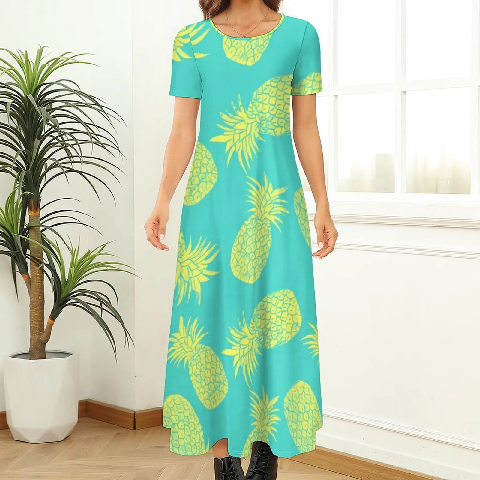 Yellow Pineapple Dress Tropical Fruit Print Elegant Maxi Dress Street Wear Bohemia Long Dresses Short Sleeve Oversize Clothing