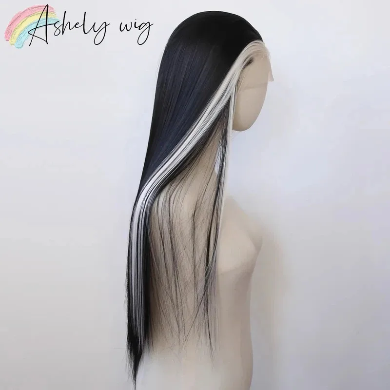 Ashely الأبيض تسليط الضوء على الأسود الاصطناعية الدانتيل الجبهة الباروكات 26 بوصة 13*4 طويل مستقيم الدانتيل الجبهة شعر مستعار اصطناعي خط الشعر الطبيعي