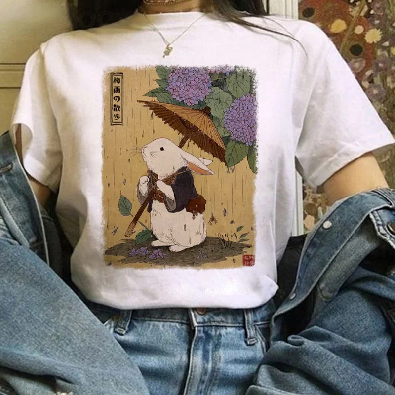 Camiseta con estampado de conejo bonito de estilo japonés, camiseta informal de manga corta a la moda de los años 90 para mujer