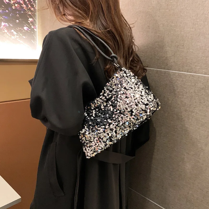 2024 Spring New Handbags For Women Fashion Casual Shoulder Bags Shining Sequin Silver Black Tote Bags Simple Trendy Shopping Bag