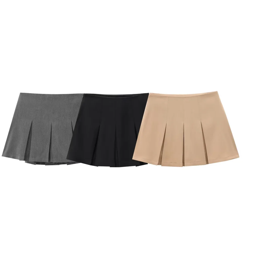 2025 BM MD ZA Women's Pleated Mini Skirts in Grey Black and Beige Classic and Versatile Bottoms for a Stylish Look