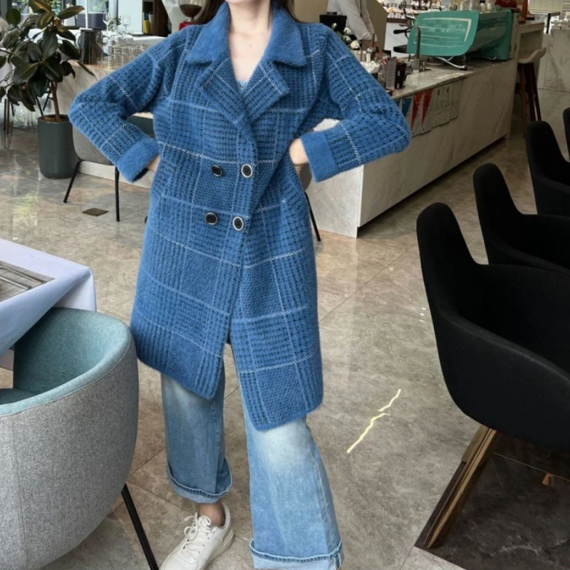 

Coat, Women's Sweater, Cardigan, Mid Length, 2024 Autumn and Winter Thick Loose Mink Plaid Double-Sided Top