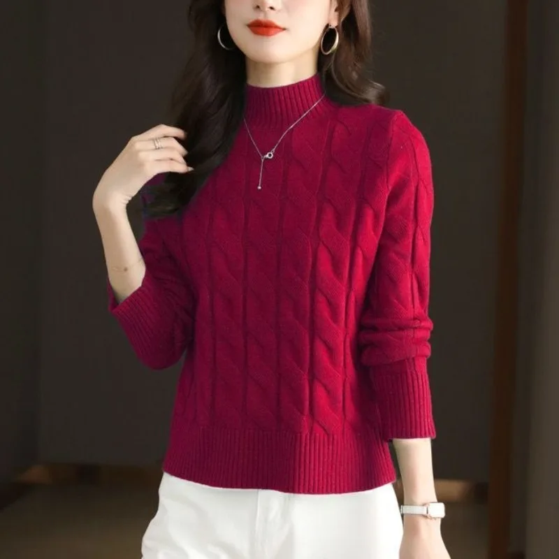 Autumn and Winter Women's Solid Half High Collar Long Sleeve Slim Knitted Sweaters Jumpers Screw Thread Fashion Casual Tops