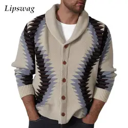 Fall Winter Warm Knitted Jackets Mens Vintage Geometric Jacquard Sweater Coat Men Casual Turn-down Collar Button Knitting Coats