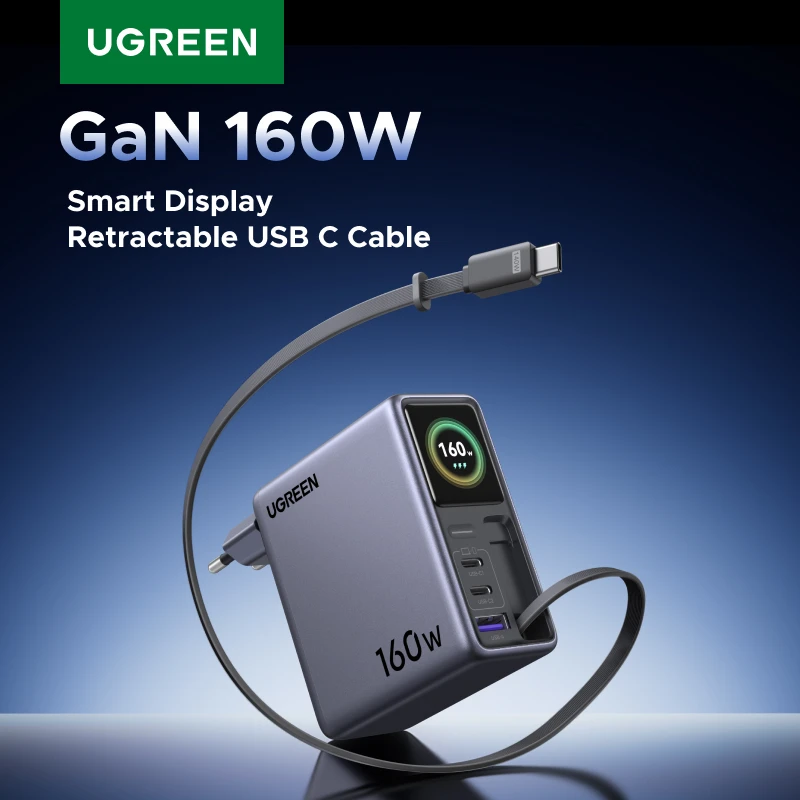 UGREEN 160WスマートディスプレイGaN充電器、格納式ケーブル付き、AVS PD 3.1 QC4.0 EU対応、折りたたみ式、MacBook Pro、ノートパソコン、iPhone、Samsung対応