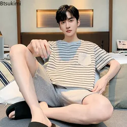 2024 Men's Simple Casual Thin Style Cotton Pajamas Sets Summer Fashion Striped Printed Comfortable Home Wear Men Sleepwear Youth