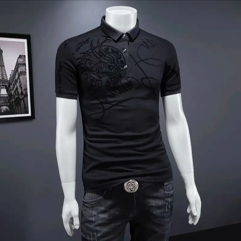 American T-shirt Printed Iron Diamond Slim Short-sleeved Top Business Middle-aged Men's Lapel Black Versatile POLO Shirt Trendy