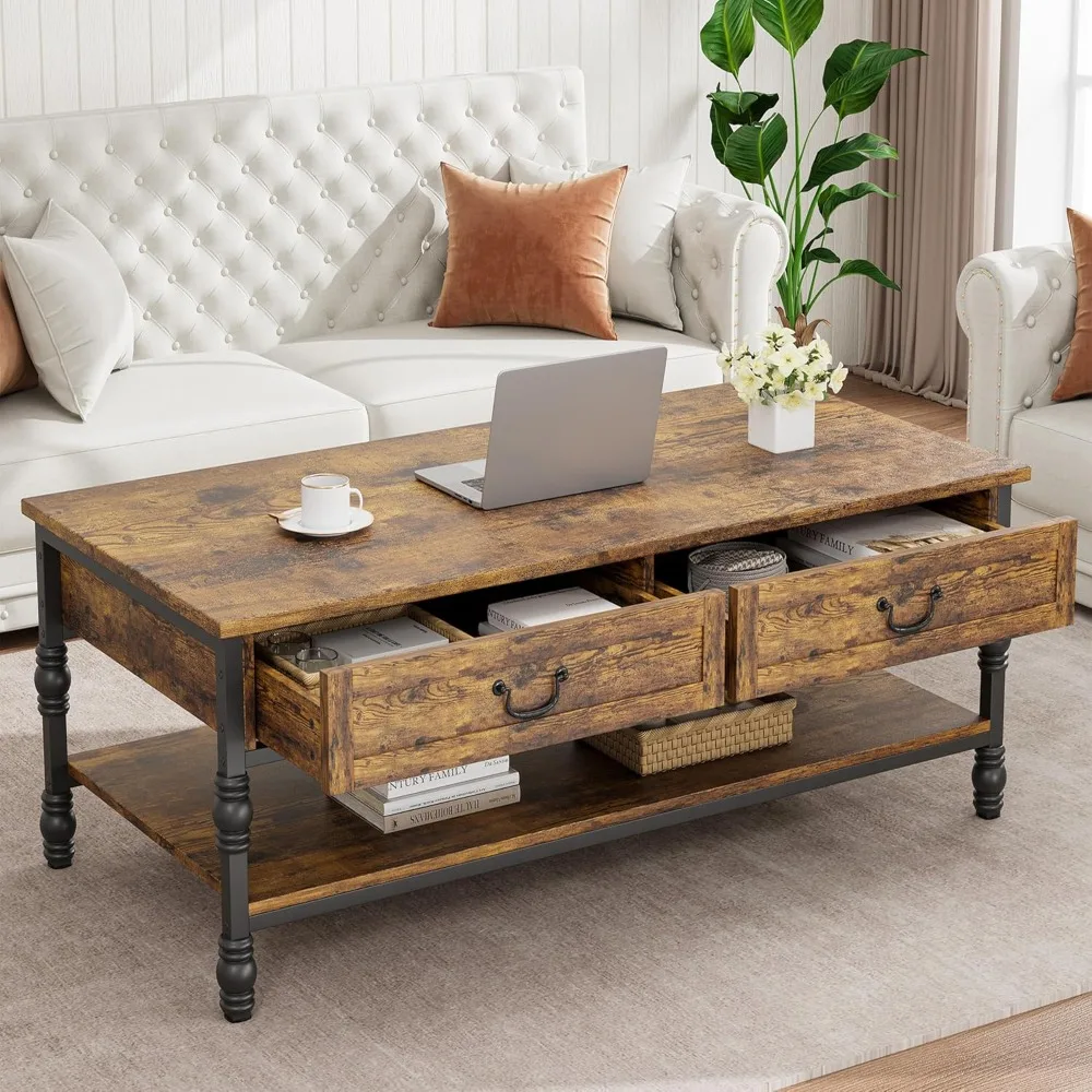 

Журнальный столик с ящиками, большой центральный стол 41 дюйм с местом для хранения, прямоугольный коктейльный столик, деревянные журнальные столики середины века в стиле ретро