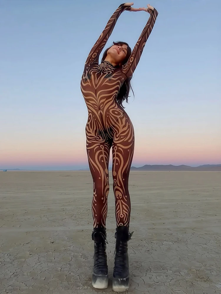 Macheda Women Sexy Jumpsuits Woman Stripe Print See Through Turtleneck Full Sleeve Skinny Peach Hip High Style Style Overalls