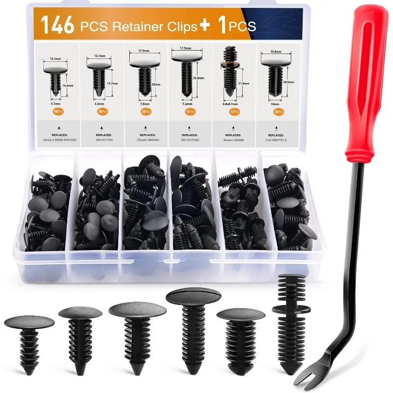 146PCS Nylon Bumper Shield Retainer & Xmas Tree Clips Kit​ – Universal Auto Body Fastener Assortment with Bonus Remover Tool