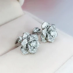 Huitan Full Bling Iced Out Flower Earrings for Female Gold Color/Silver Color Crystal CZ Ear Piercing Earrings Wedding Jewelry