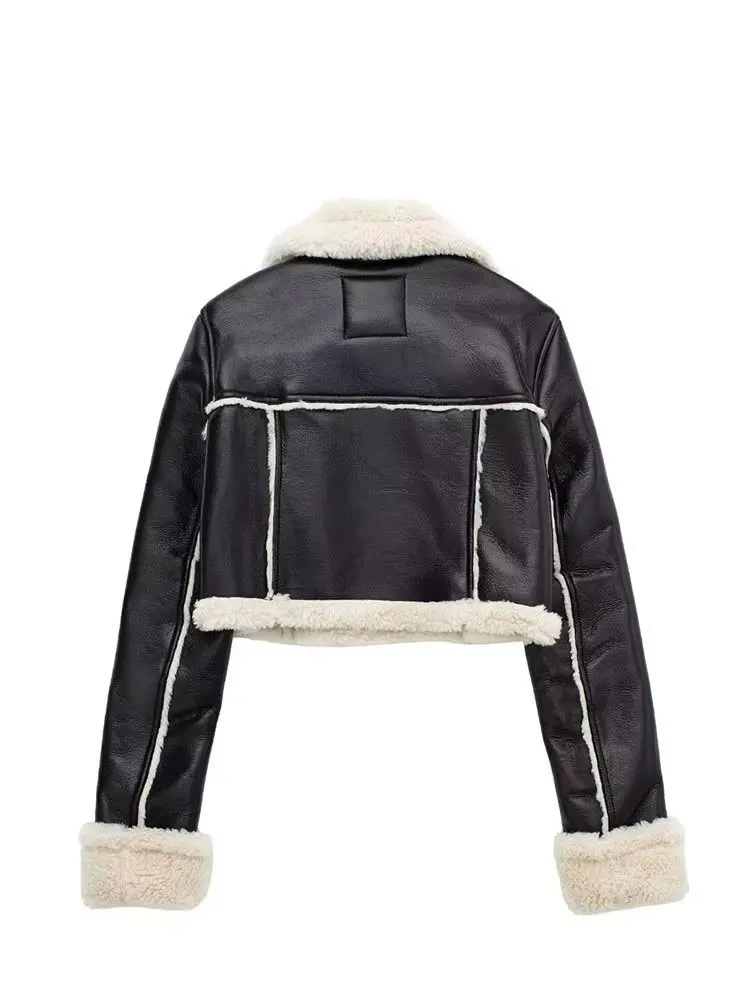 HH Dámská umělá kůže zahušťuje krátká bunda Vintage přední zip s klopou s dlouhým rukávem Zimní dámská teplá ležérní svrchní oblečení - náhled 3