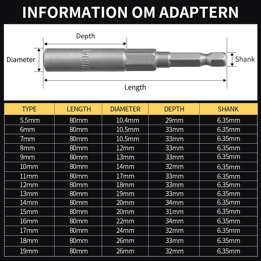 1PC 5.5-19mm Hex Socket Driver Drill Bit 1/4-inch Shank Hex Length Deepen Impact Socket Adapter Power Screwdriver key Hand Tools