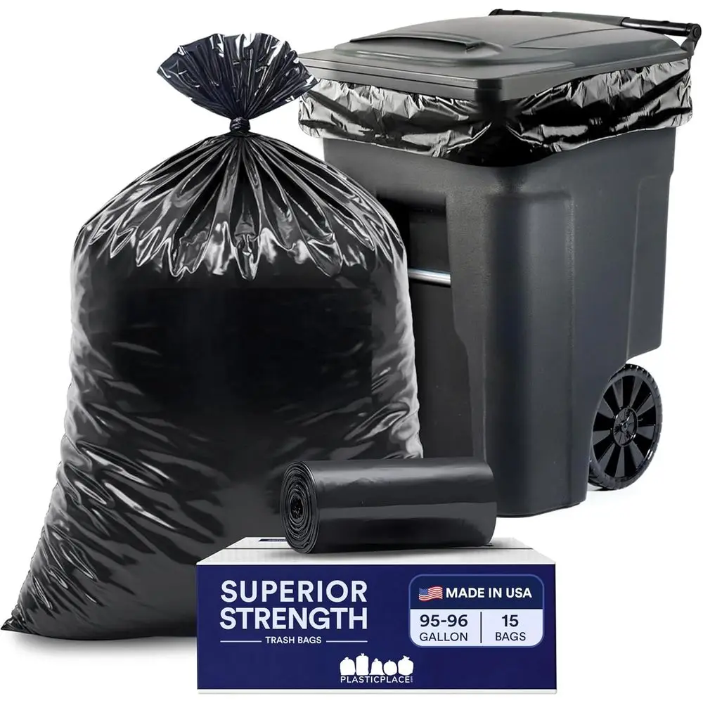 

Heavy-Duty Contractor-Grade Black Trash Bags, Extra Large, 1.2 Mil Thick, 61 x 68, 15 Count Roll