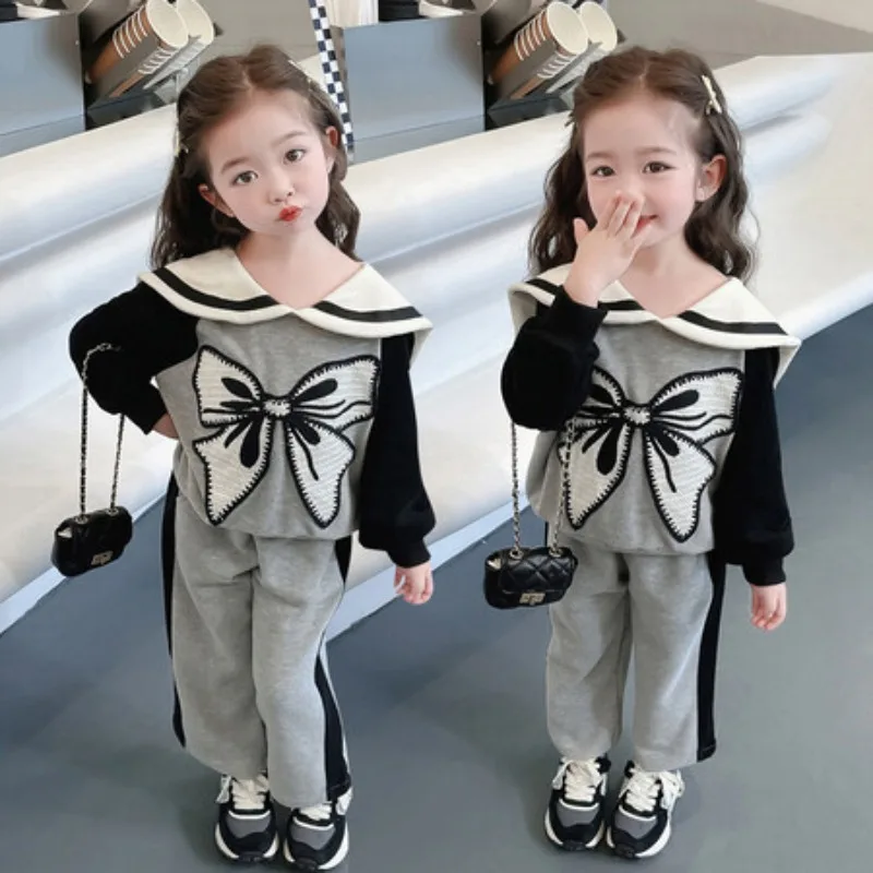 2023 Autumn Winter Two Piece Set Bow Top Pant Doll Cpllar Unhooded Fashion Al--match Outdoor Sweet