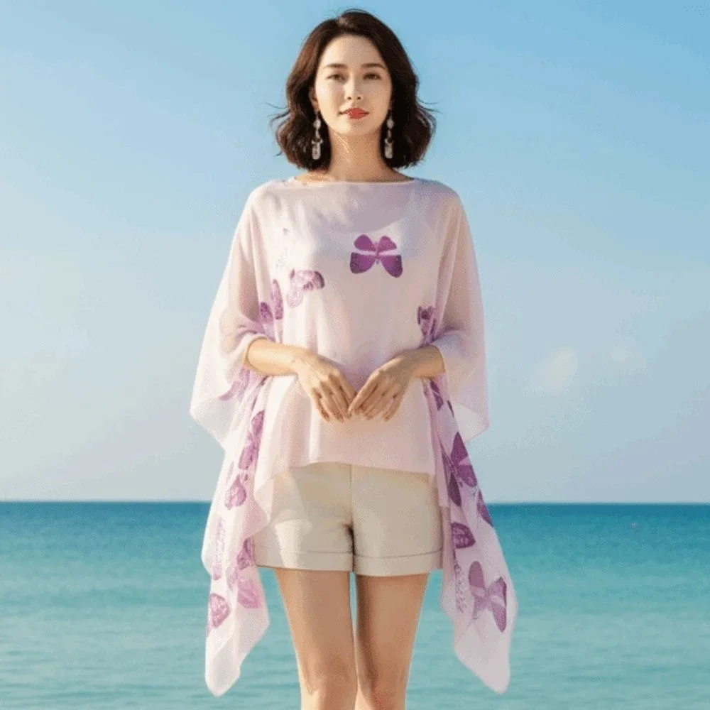 

Breathable Sunscreen Butterfly Shawl Long Polyester Thin Large Scarf with Buckle Lightweight Seaside Vacation Cloak for Mom
