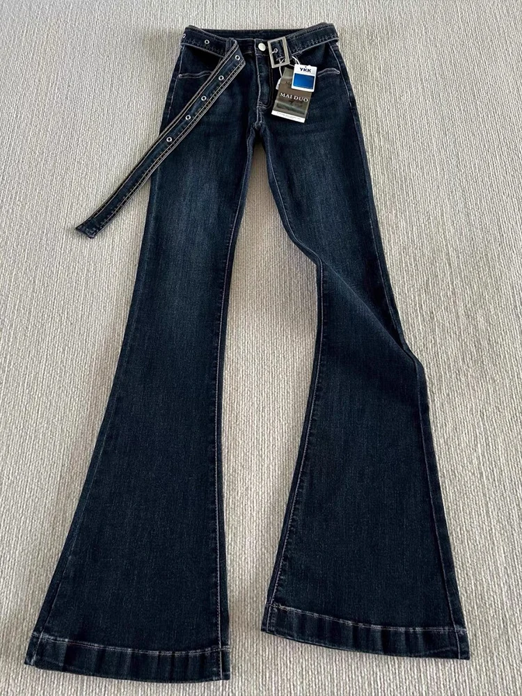 

Темно-синие женские джинсы с низкой талией на подкладке, расклешенные эластичные брюки-копыта, дизайн Sensation для похудения, осень-зима