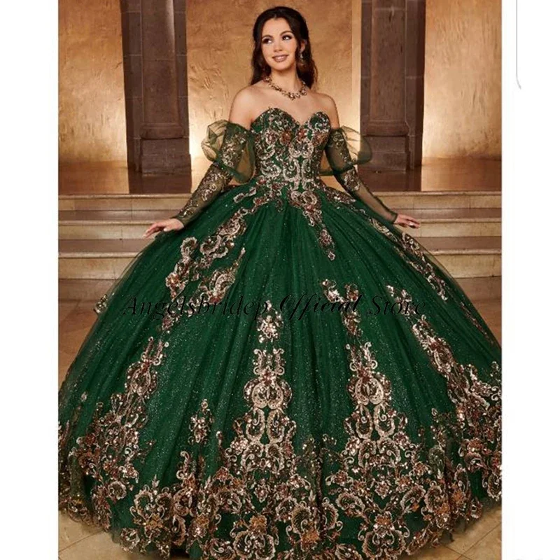 Vestido De baile verde para quinceañera, escote Corazón, mangas 3/4, dulce 16, cuentas, 15