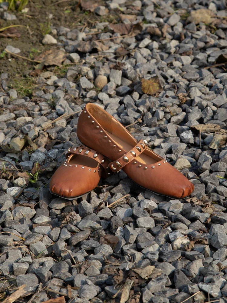 WILL&ZEST Vintage Rivet  Maryjane Balletto Flats Brown Polishing Women Shoes  Retro Waxed Leather Ballets