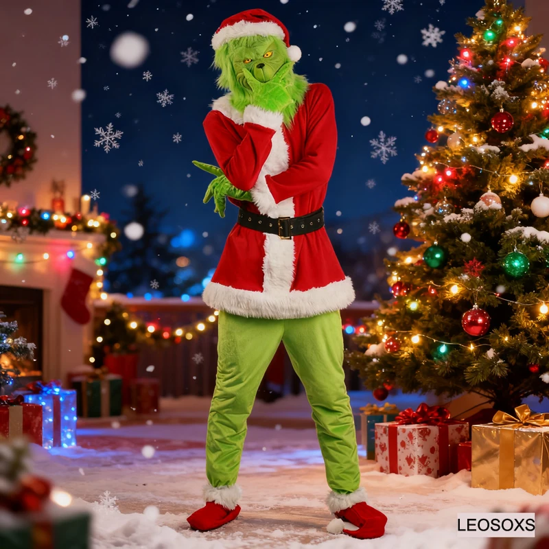 Hochwertiges Weihnachtsmann-Grin-Weihnachtskostüm, komplettes Set, Mantel, Hose, Hut, Maske, Erwachsene, Cosplay, Party, grünes Monster, zotteliges Kostüm